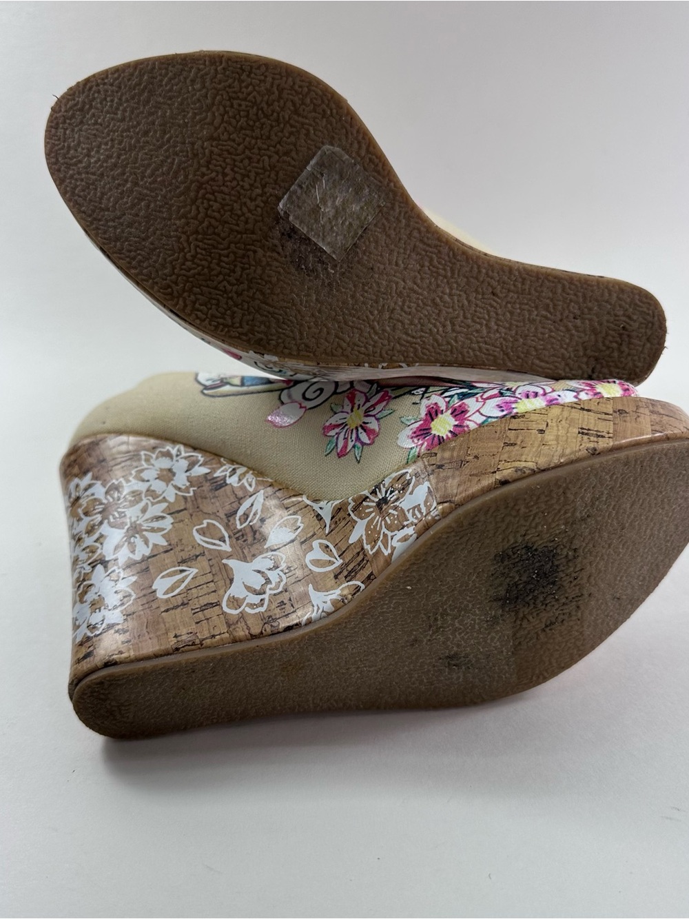 Ed Hardy Floral Tattoo Cork Wedge Peep-Toe Pumps in Pink and Beige - Picture 5 of 5